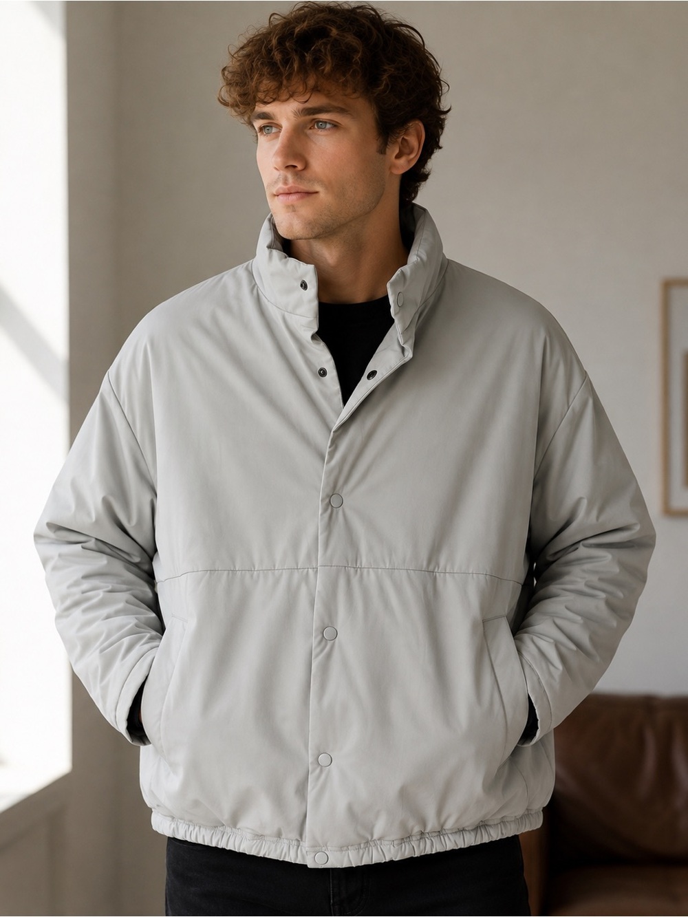 Zara Men XL Oversized Gray Padded Bomber Jacket Snap Front